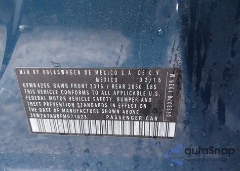 2015 Volkswagen Golf Tdi S 4-Door z USA, uszkodzony, nr VIN 3VW2A7AU0FM071623